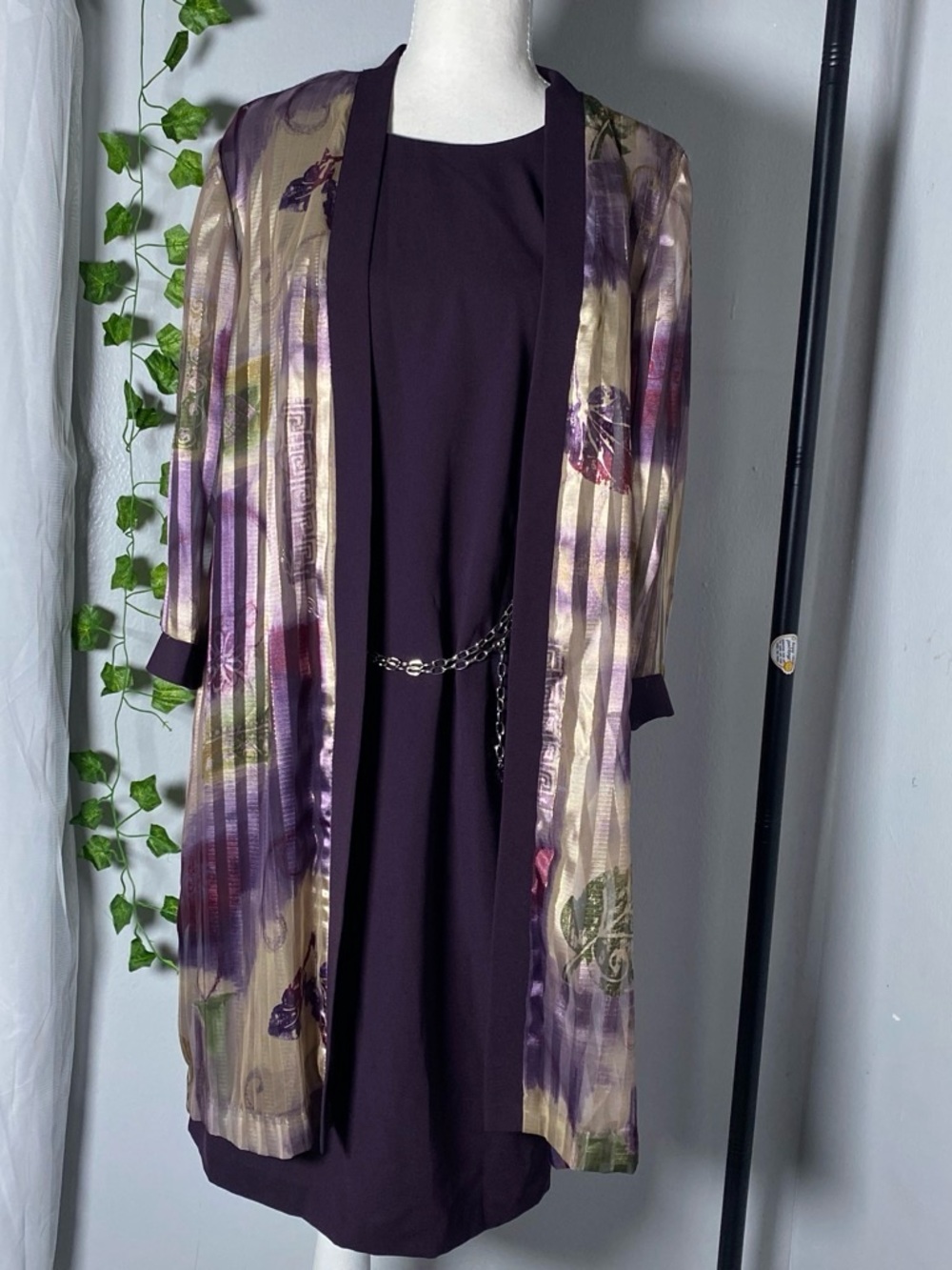 R&M Richards Purple Dress with Floral Sheer Duster